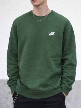 Nike Men's Crewneck Sweatshirt - Dark Green with White Logo